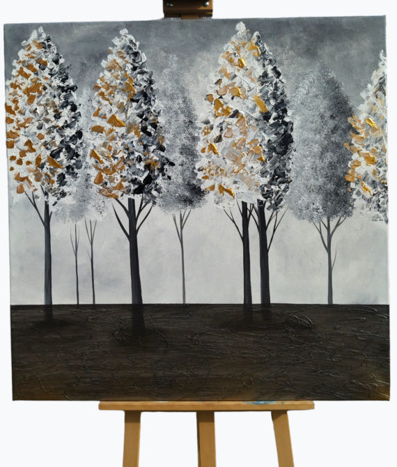 Maľovaný obraz čierno-bielo-zlatý les 80×80 cm